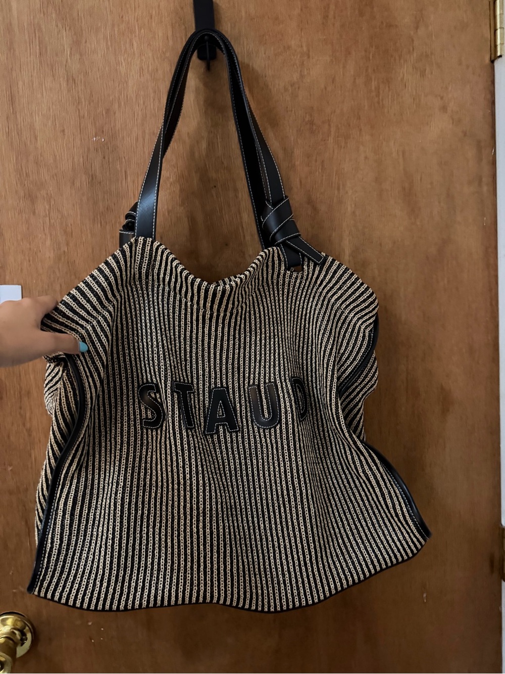 STAUD Black and Natural Striped Knit Tote with Leather Handles
